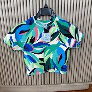 Shade & Shore Women's Blue and Green Patterned Crop Top rash guard